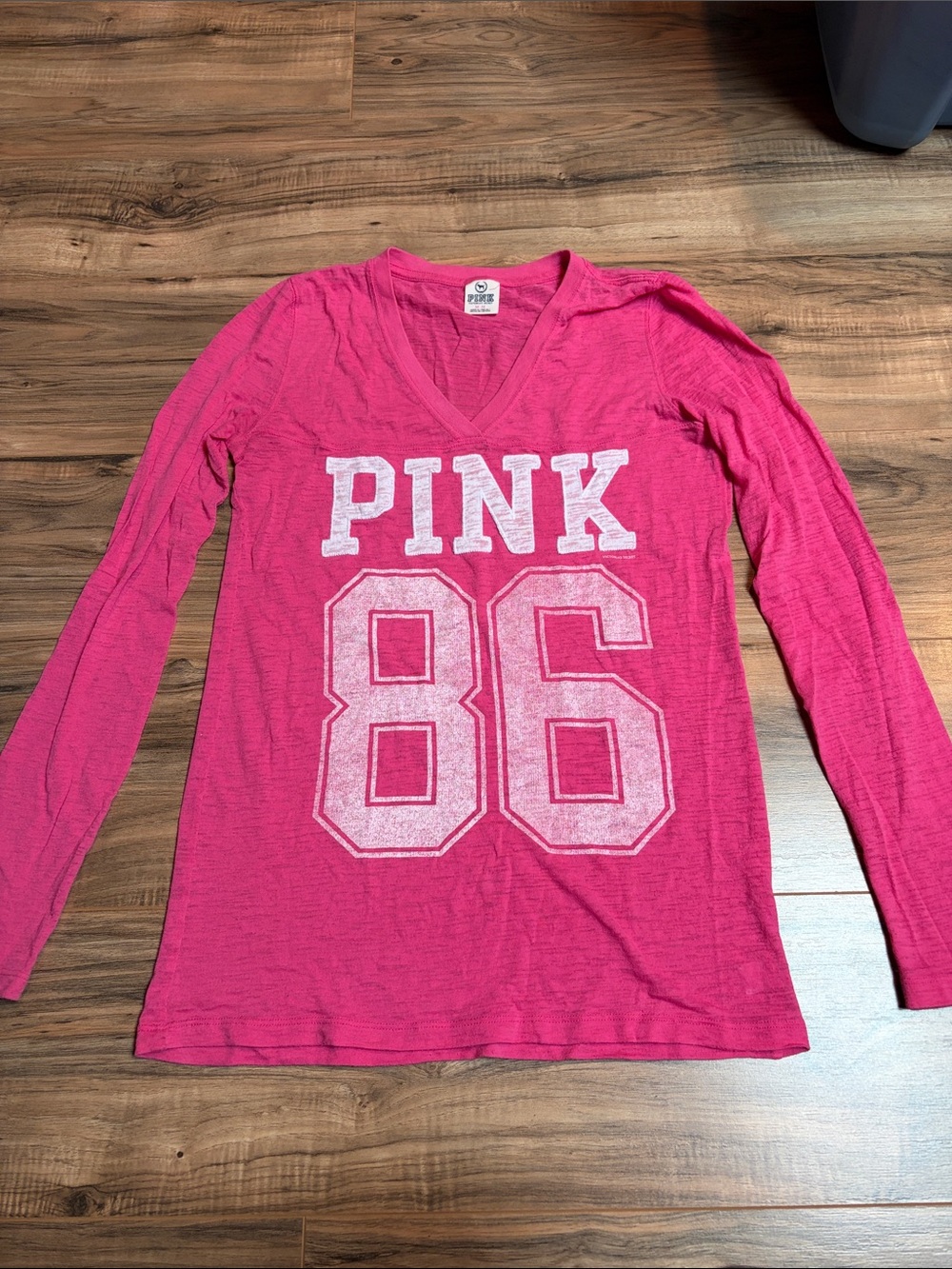PINK Victoria's Secret Bright Pink 'PINK 86' V-Neck Long Sleeve Tee